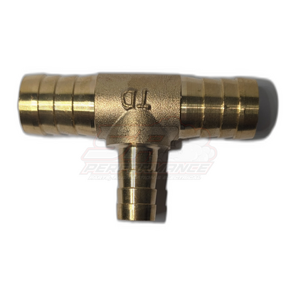 Brass hose barb tee fitting 3/4" x 3/4" x 1/2" front view showing three ribbed barb outlets and centre body