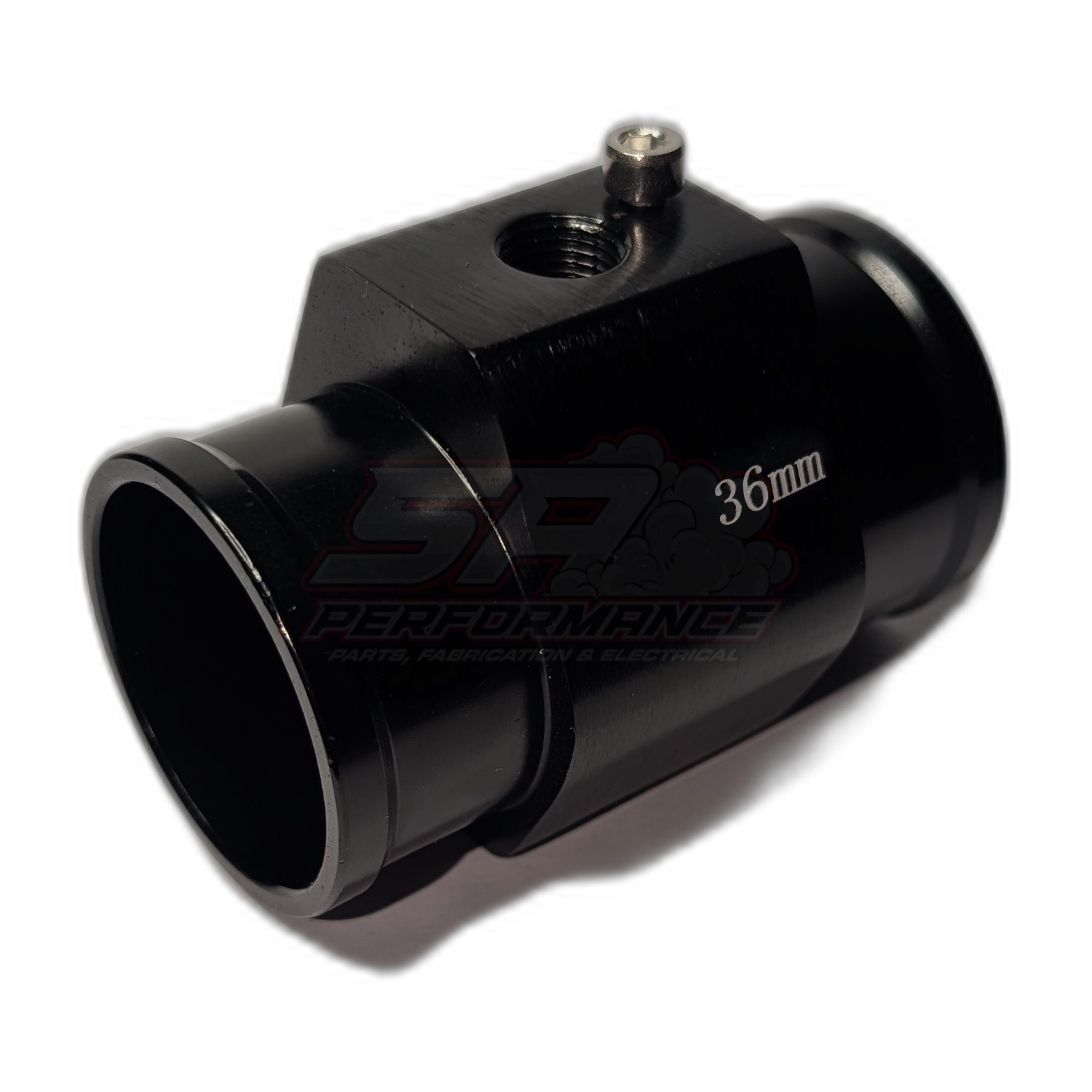 Black anodised aluminium 36mm coolant hose adapter with 1/8 NPT threaded port and grub screw, angled three-quarter view showing inline hose barbs