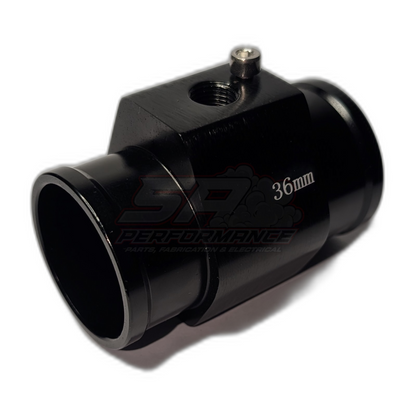 Black anodised aluminium 36mm coolant hose adapter with 1/8 NPT threaded port and grub screw, angled three-quarter view showing inline hose barbs