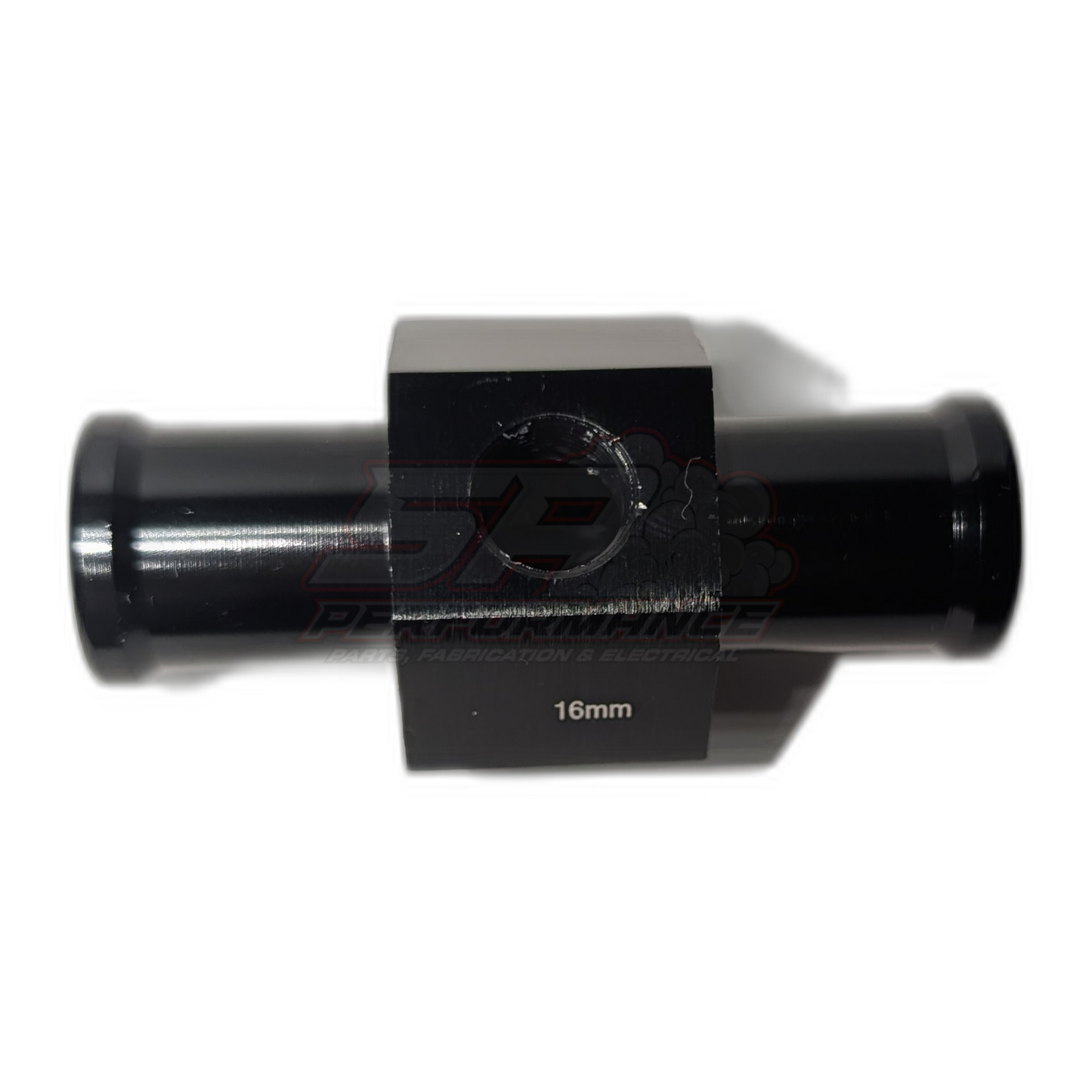 Black anodised aluminium 16mm coolant hose adapter with 1/8" NPT sensor port, side view showing hex body and barbed ends