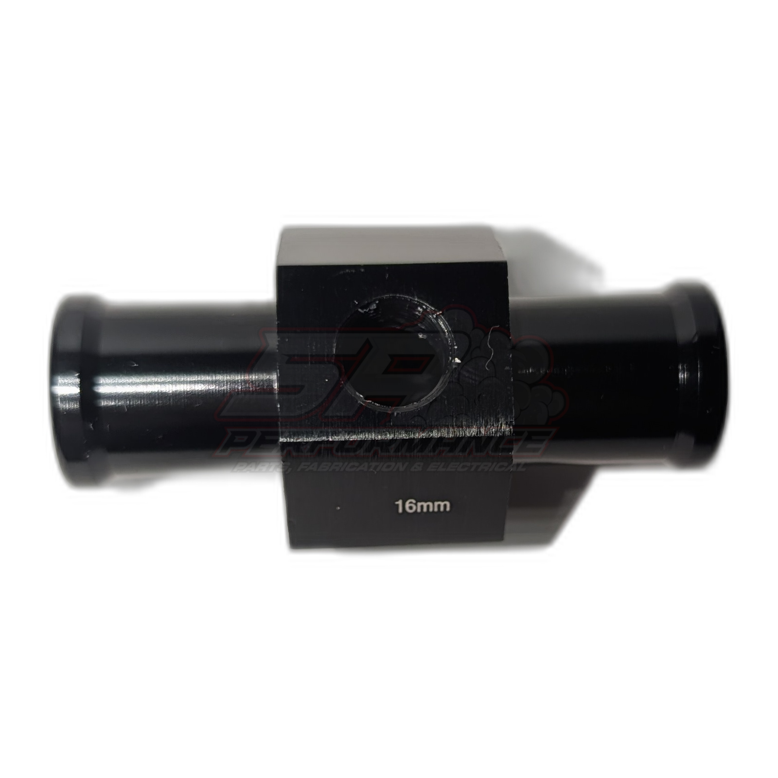 Black anodised aluminium 16mm coolant hose adapter with 1/8" NPT sensor port, side view showing hex body and barbed ends