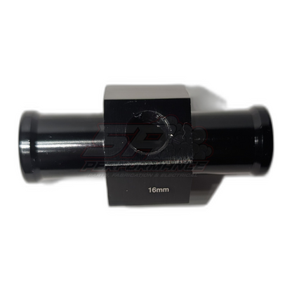 Black anodised aluminium 16mm coolant hose adapter with 1/8" NPT sensor port, side view showing hex body and barbed ends
