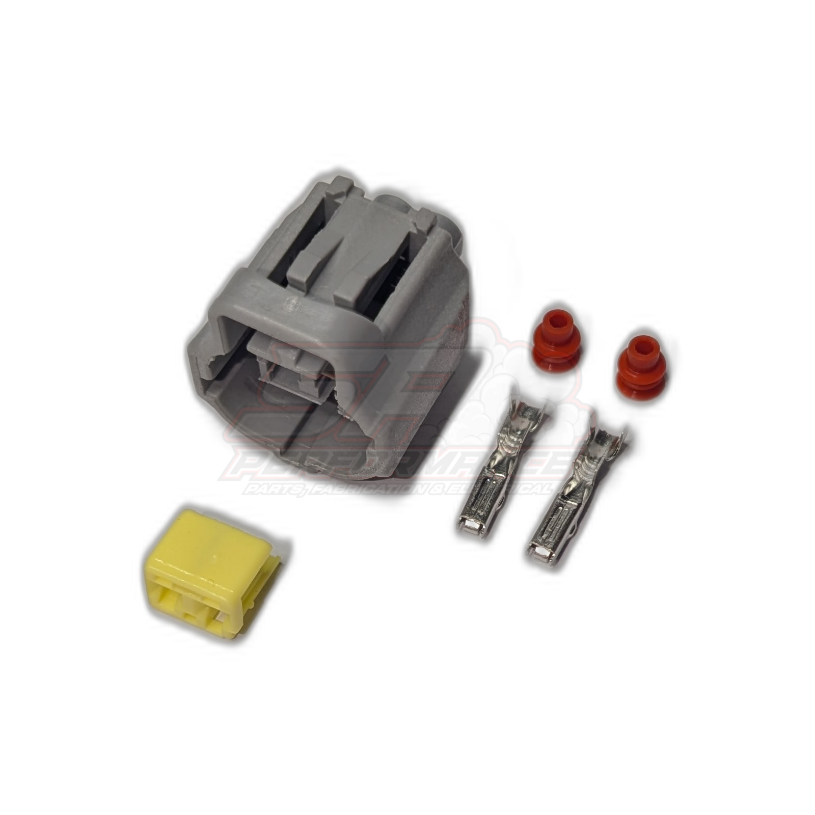 Grey 2-pin Toyota ECT connector housing with yellow wedge lock, two metal female terminals and red seals displayed separately