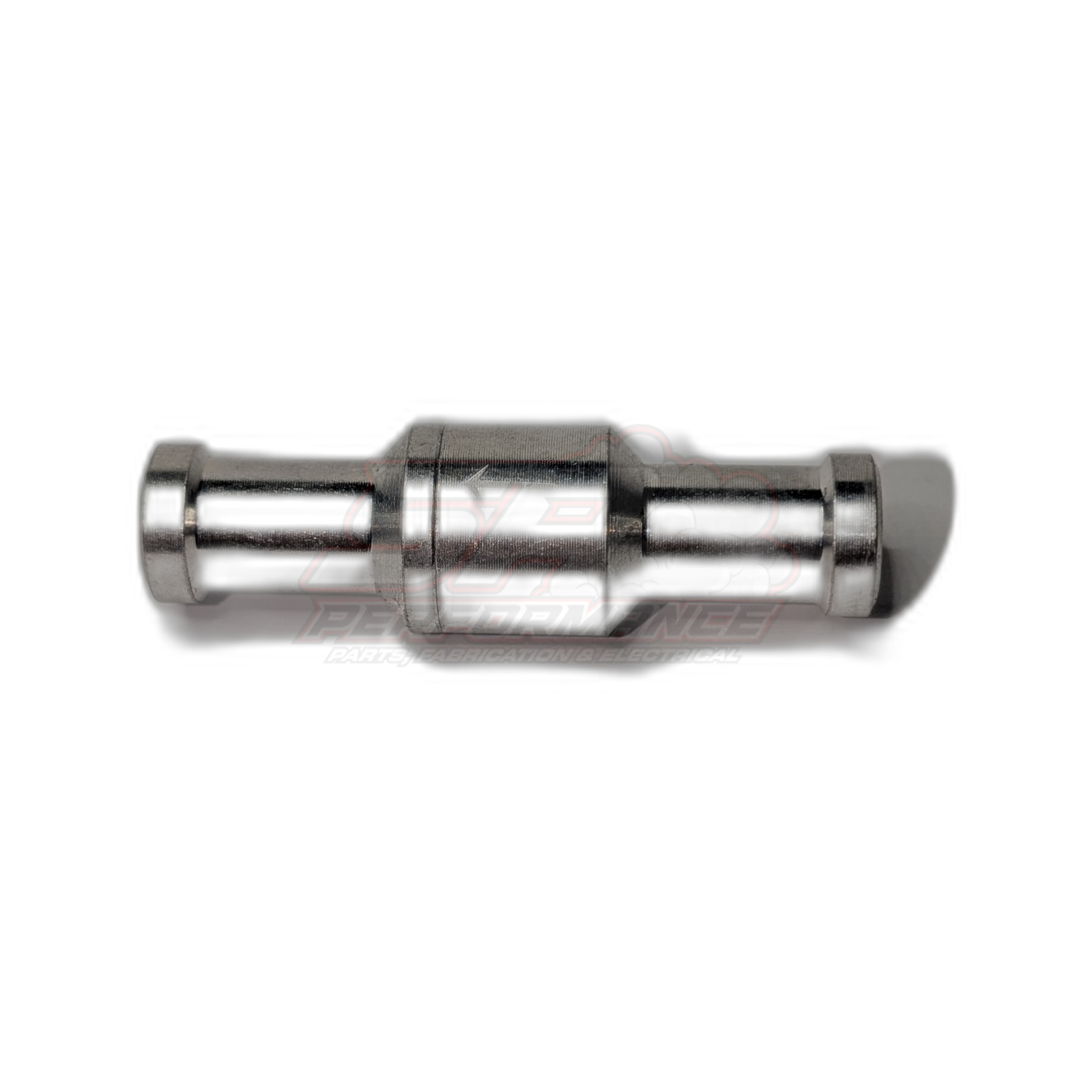 10mm aluminium inline one way check valve side profile view showing polished anodised body with 10mm barbed fittings both ends