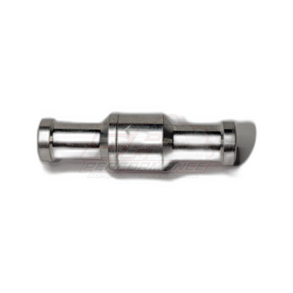 10mm aluminium inline one way check valve side profile view showing polished anodised body with 10mm barbed fittings both ends