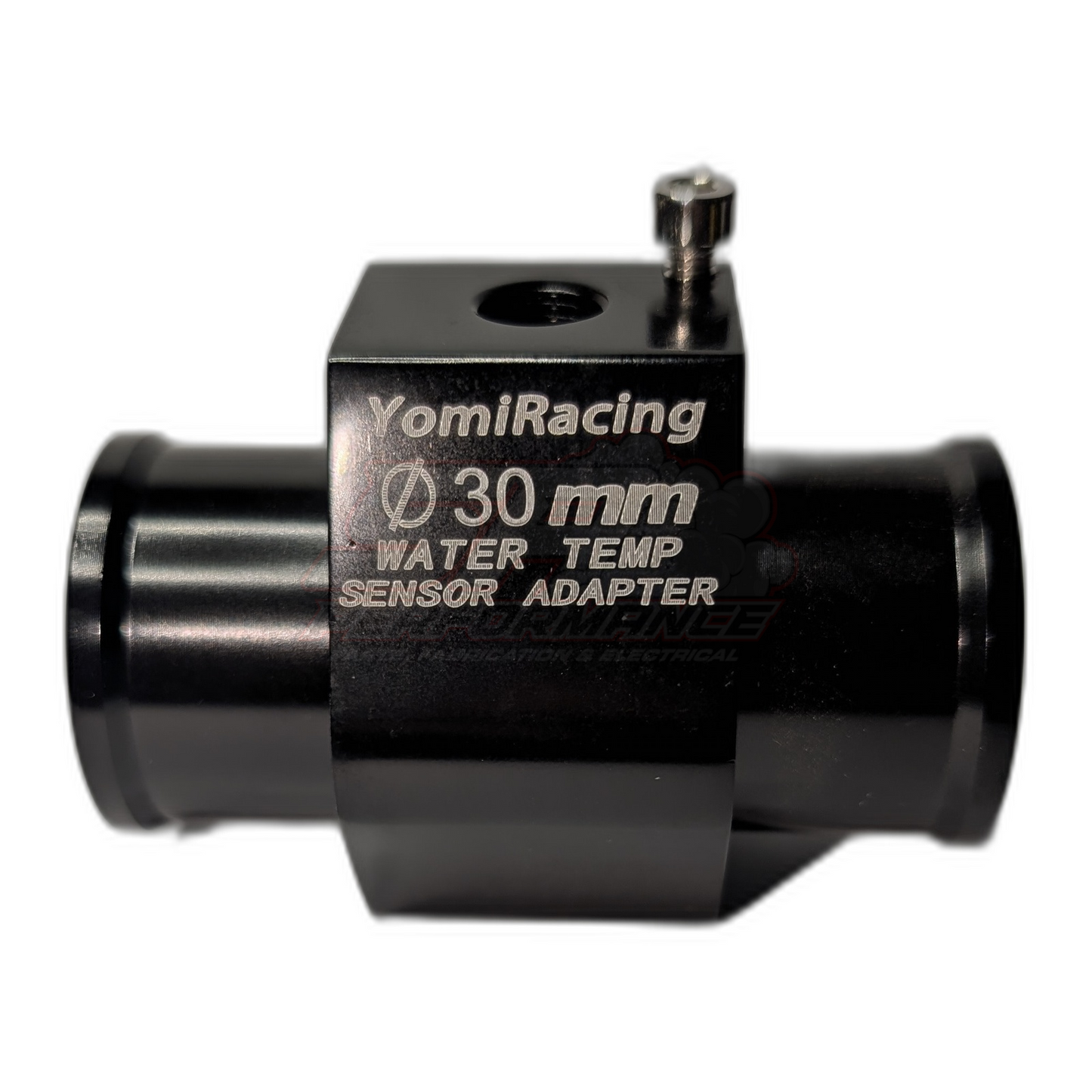YomiRacing 30mm black anodised aluminium coolant hose adapter front view showing laser-etched branding and 1/8 NPT water temp sensor port with allen bolt