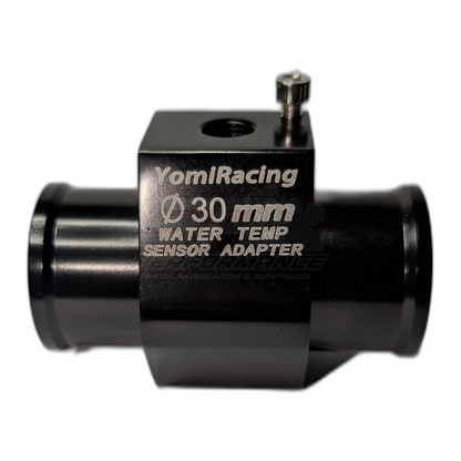 YomiRacing 30mm black anodised aluminium coolant hose adapter front view showing laser-etched branding and 1/8 NPT water temp sensor port with allen bolt