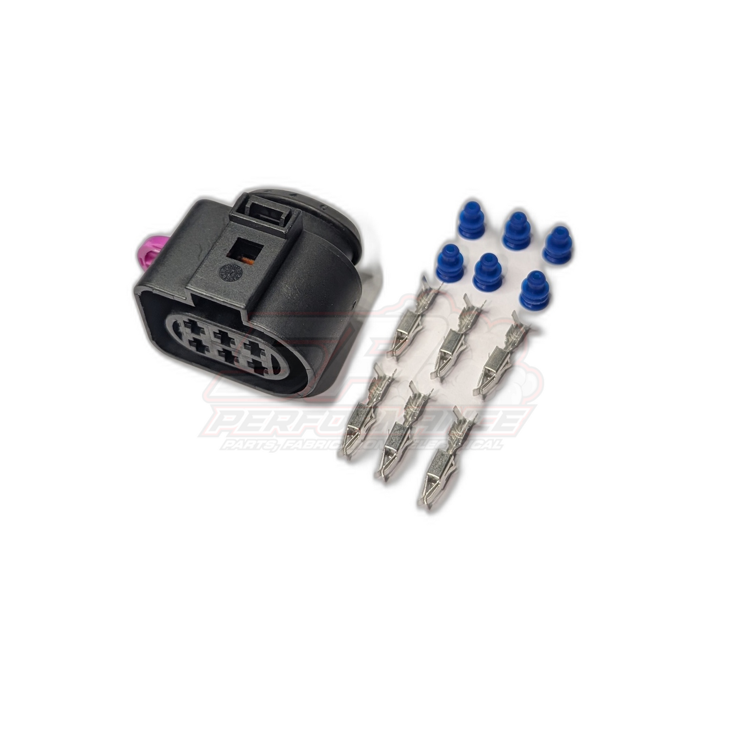 Bosch LSU 4.2 6-pin connector kit showing black housing, six metal terminals and blue rubber seals disassembled