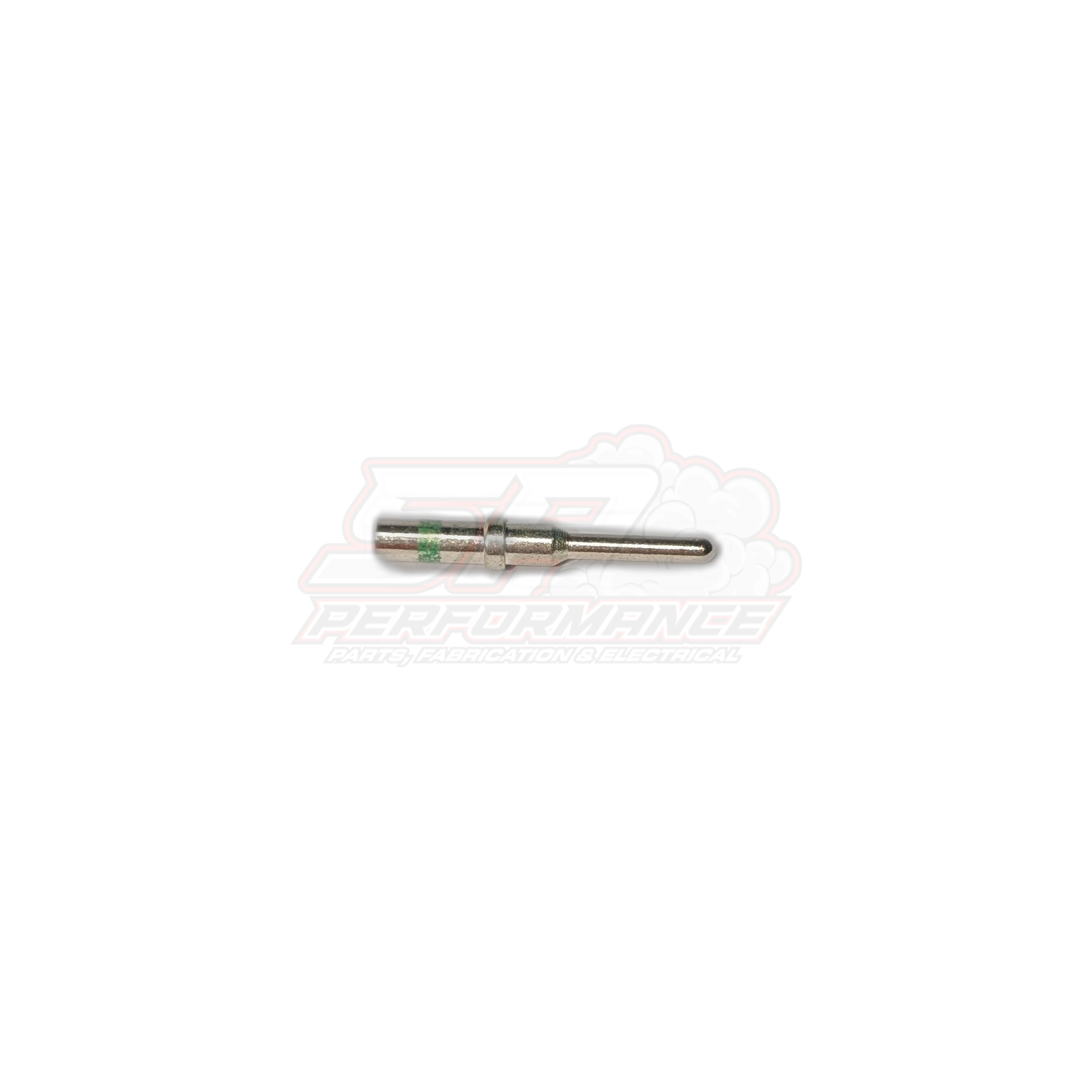 Side view of Deutsch DT male pin terminal with green band for 1.0-2.0mm² wire showing cylindrical barrel and tapered contact tip