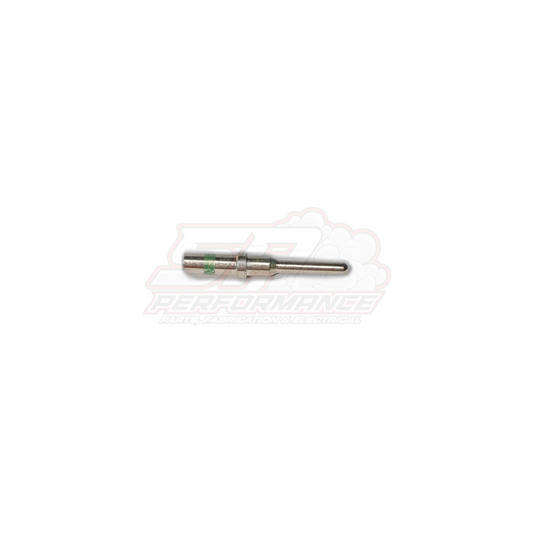 Side view of Deutsch DT male pin terminal with green band for 1.0-2.0mm² wire showing cylindrical barrel and tapered contact tip
