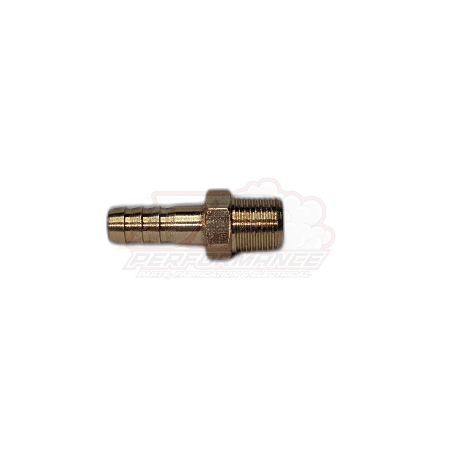 Side view of brass 1/8 inch male NPT to 6mm barb fitting showing threaded end and stepped hose barb connection