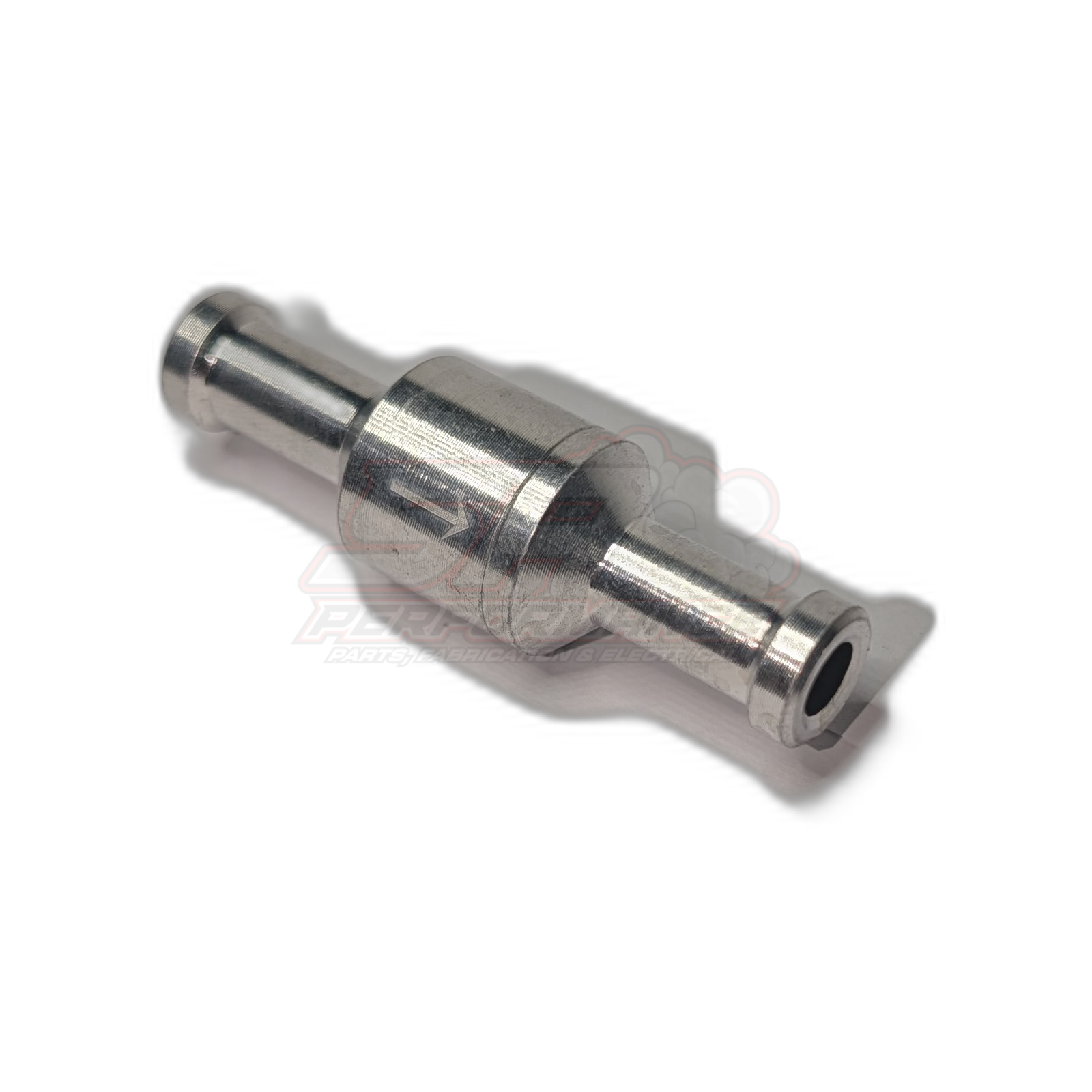 Stainless steel 8mm inline one-way valve angled view showing hexagonal body and dual barbed connections