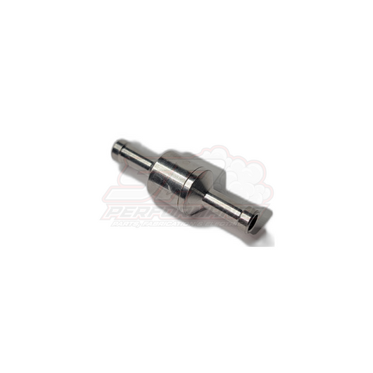 6mm aluminium inline one way valve side view showing anodised body with barbed inlet and outlet fittings