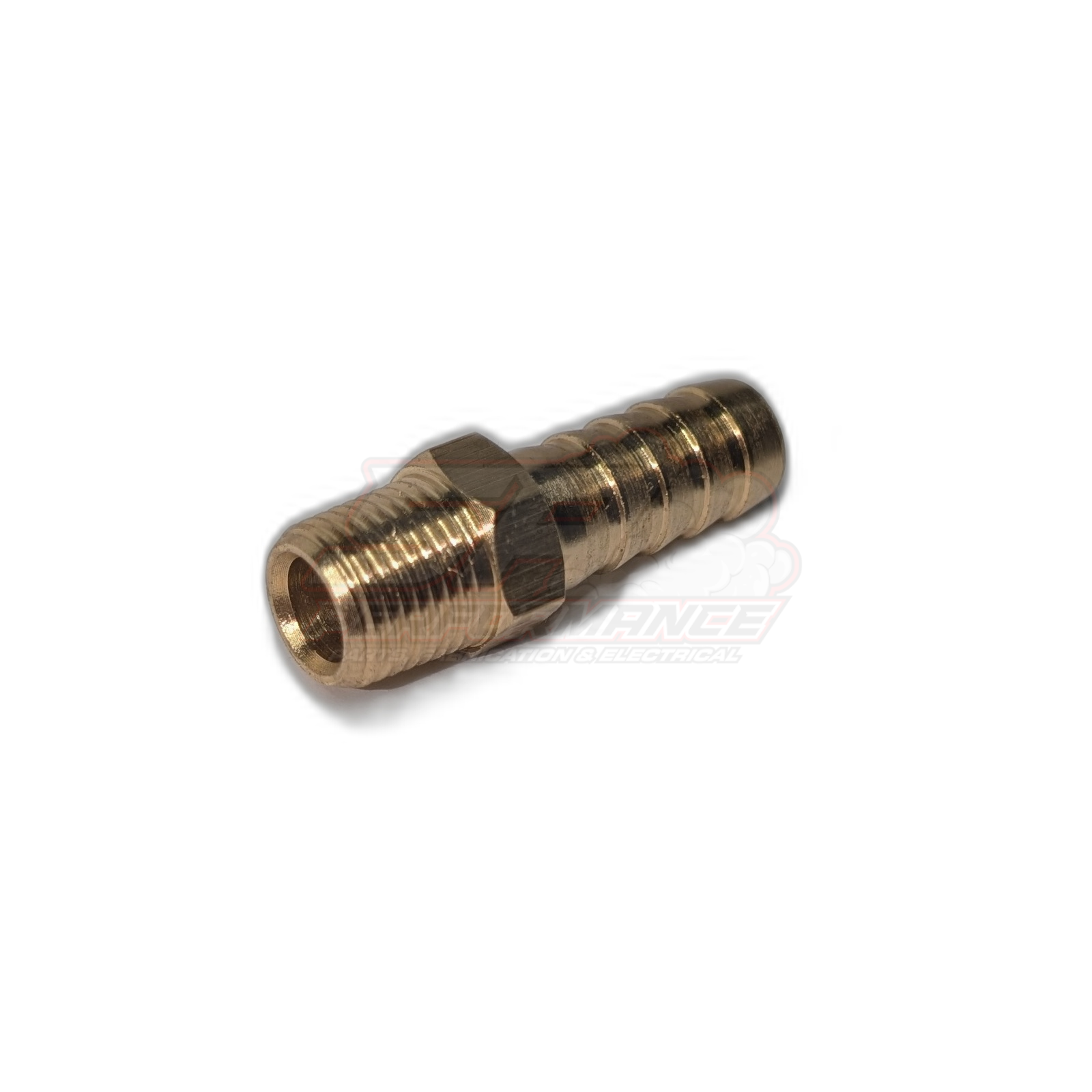 Angled view of 1/8 inch male NPT to 8mm 5/16 inch barb brass fitting showing threaded end and barbed hose connection