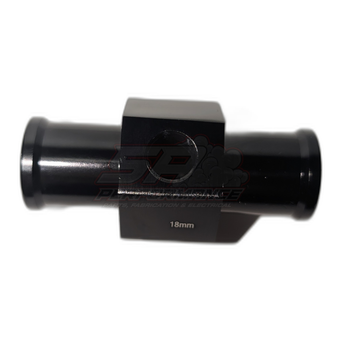 Black anodised aluminium 18mm radiator hose coolant temperature sensor adapter with 1/8 NPT port, side view showing barbed ends and centre block