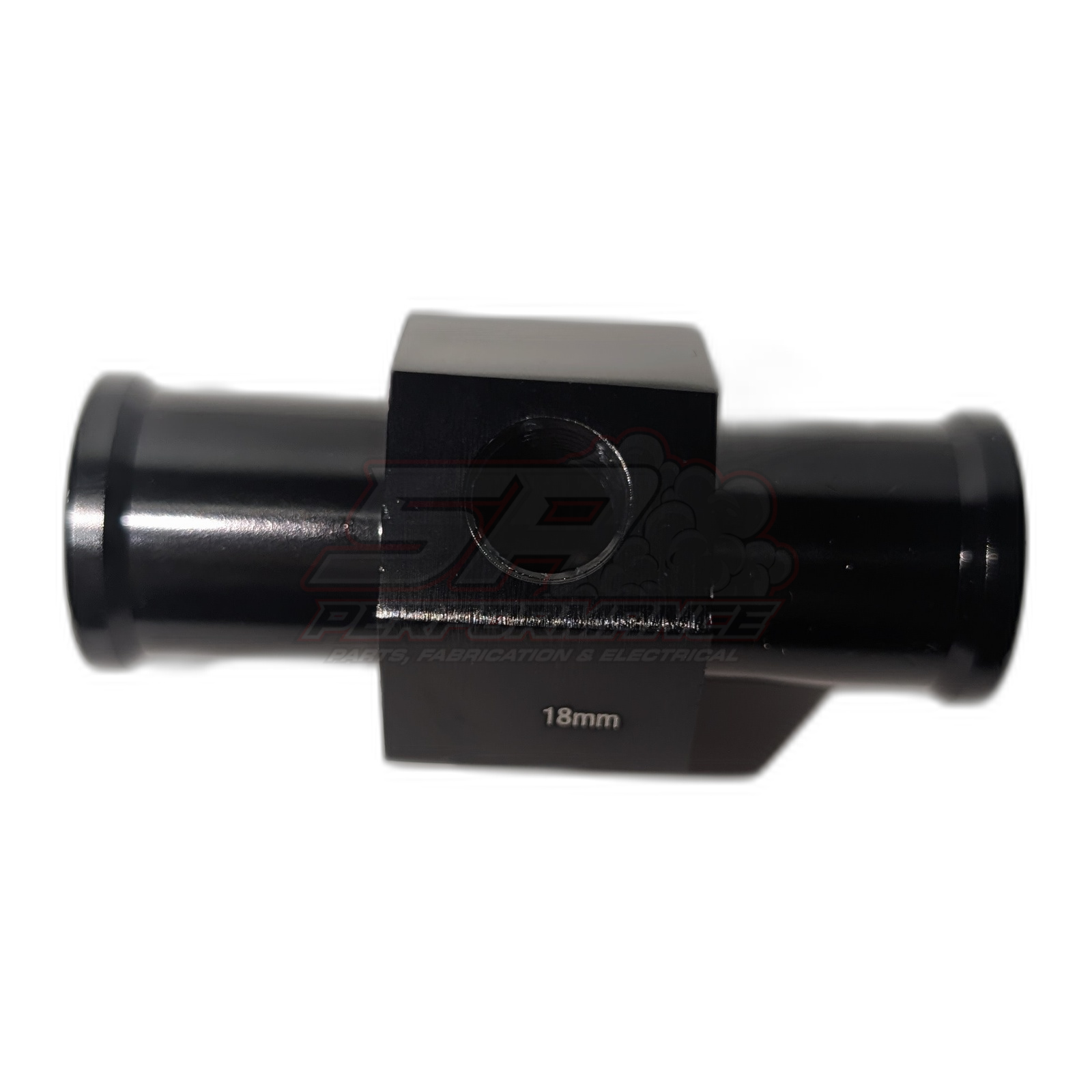 Black anodised aluminium 18mm radiator hose coolant temperature sensor adapter with 1/8 NPT port, side view showing barbed ends and centre block