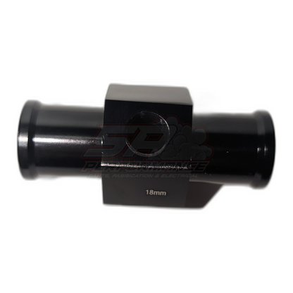 Black anodised aluminium 18mm radiator hose coolant temperature sensor adapter with 1/8 NPT port, side view showing barbed ends and centre block