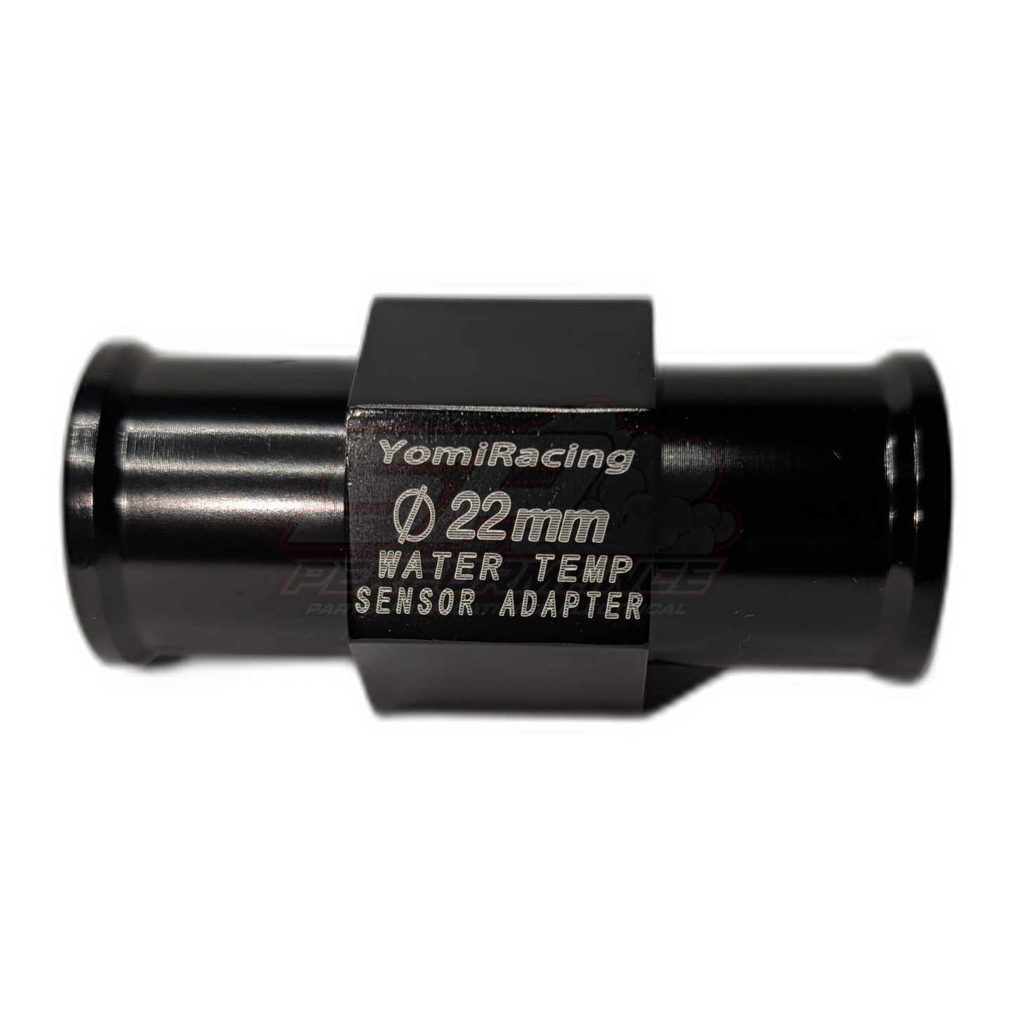 YomiRacing 22mm water temp sensor adapter in black anodised aluminium with engraved markings, side view showing threaded hose barbs and 1/8 NPT port