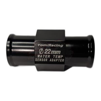 YomiRacing 22mm water temp sensor adapter in black anodised aluminium with engraved markings, side view showing threaded hose barbs and 1/8 NPT port