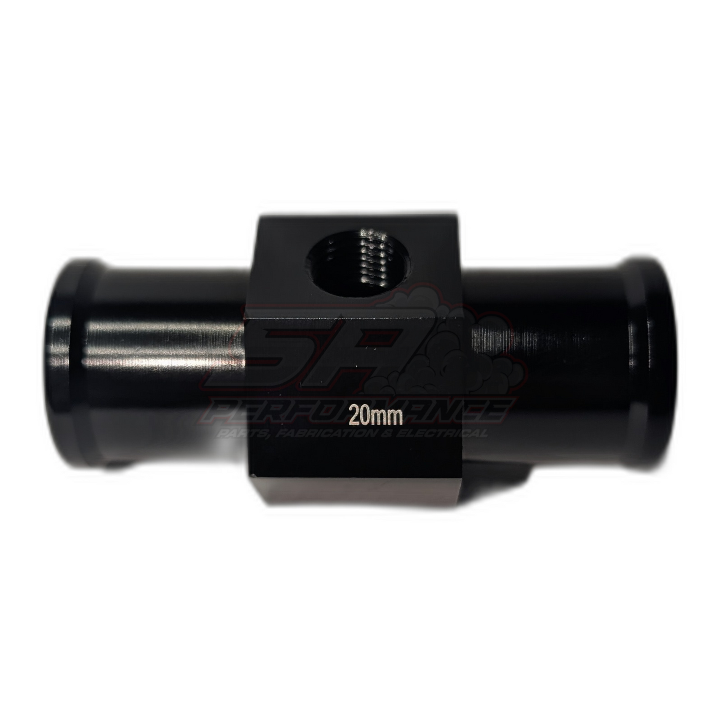 Black anodised aluminium 20mm coolant hose adapter with 1/8" NPT sensor port, side view showing threaded inlet and outlet barbs with 20mm marking