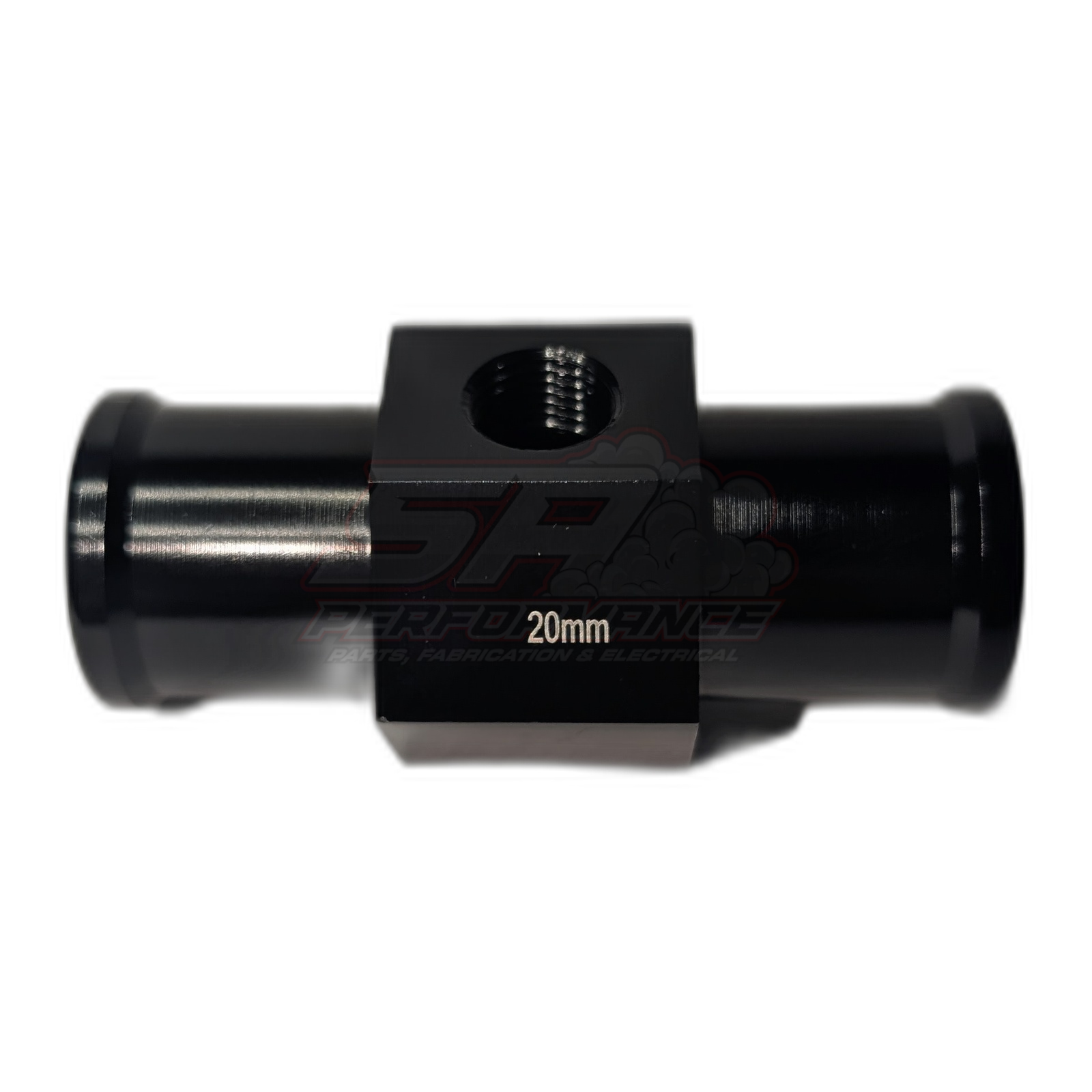 Black anodised aluminium 20mm coolant hose adapter with 1/8" NPT sensor port, side view showing threaded inlet and outlet barbs with 20mm marking