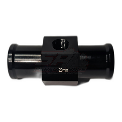 Black anodised aluminium 20mm coolant hose adapter with 1/8" NPT sensor port, side view showing threaded inlet and outlet barbs with 20mm marking