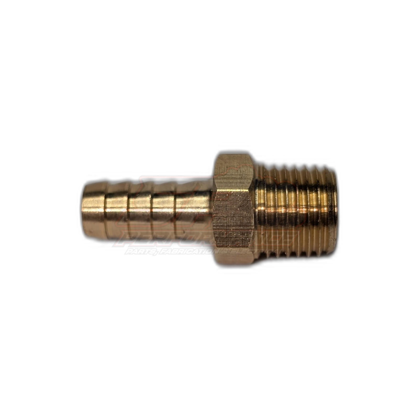 Side view of 1/4 inch male NPT to 8mm barb brass fitting showing threaded end and ridged barb connection in gold tone brass