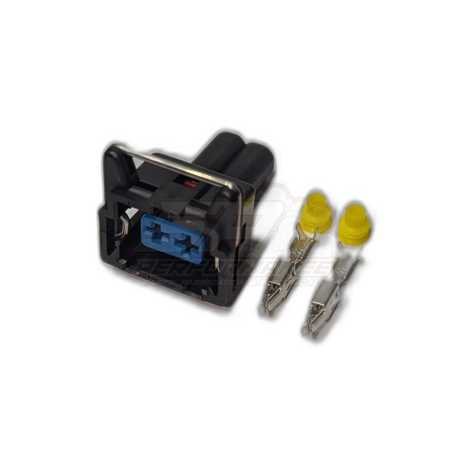 Bosch 2-pin solid connector housing with blue insert and two metal terminals with yellow seals displayed separately