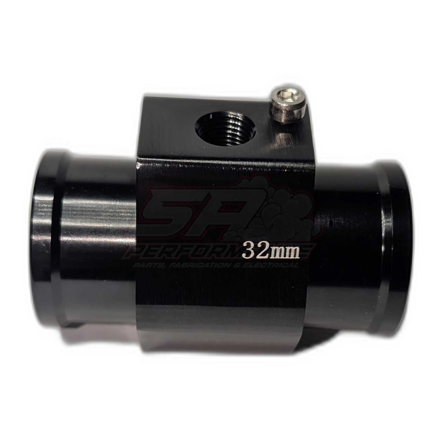 Black anodised aluminium 32mm coolant hose adapter with 1/8 NPT sensor port and grub screw, side view showing SA Performance logo and 32mm marking
