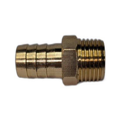 Side angle view of brass 1/2 inch male NPT to 16mm 5/8 inch barb fitting showing hex nut body, threaded end and ribbed barb tailpiece