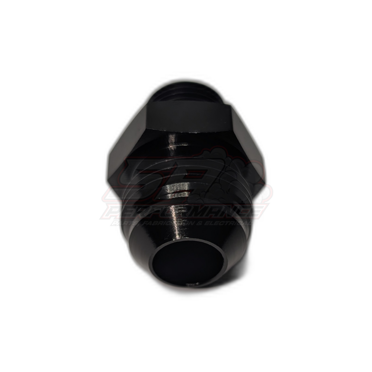 Black anodised aluminium M18 x 1.5 male to AN-10 male flare adapter shown from threaded end angle with hexagonal body and visible thread pitch