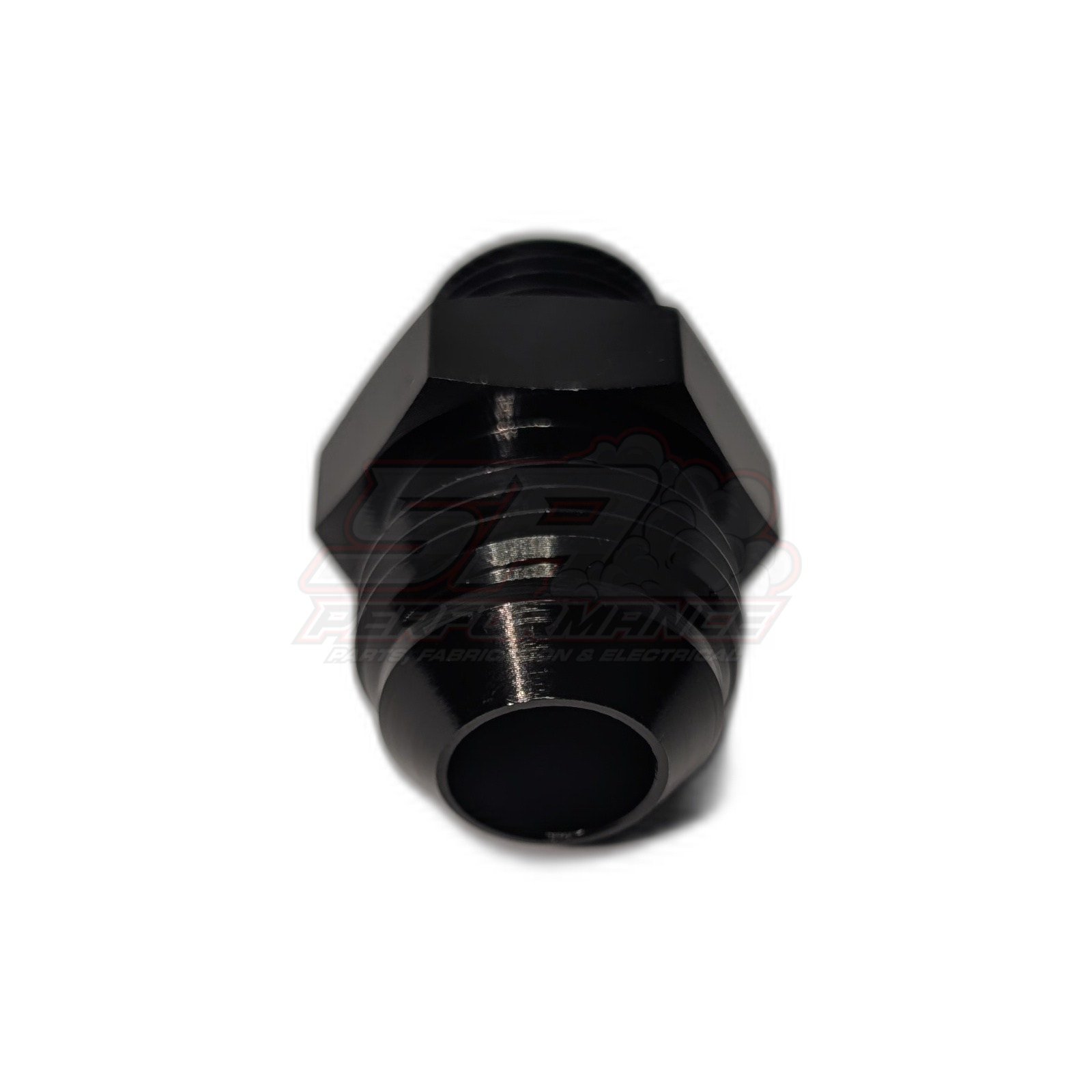 Black anodised aluminium M18 x 1.5 male to AN-10 male flare adapter shown from threaded end angle with hexagonal body and visible thread pitch