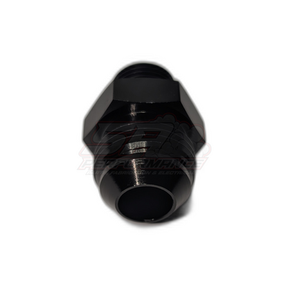 Black anodised aluminium M18 x 1.5 male to AN-10 male flare adapter shown from threaded end angle with hexagonal body and visible thread pitch