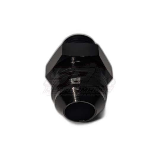 Black anodised aluminium M18 x 1.5 male to AN-10 male flare adapter shown from threaded end angle with hexagonal body and visible thread pitch
