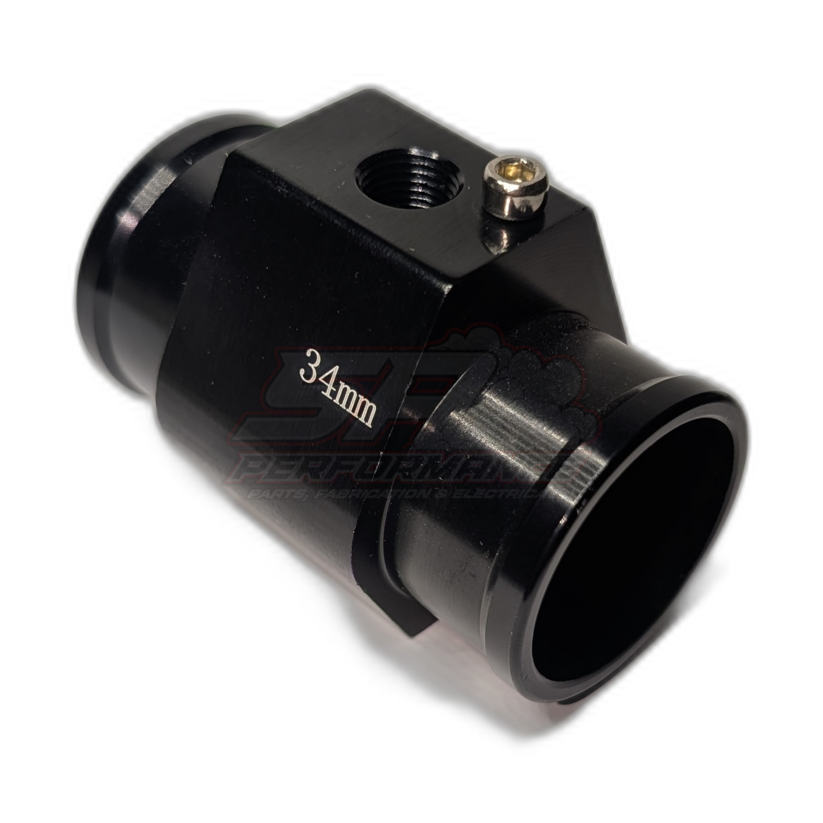 Black anodised aluminium 34mm radiator hose adapter with 1/8 NPT threaded port and chrome allen bolt, angled side view showing cylindrical barb fittings