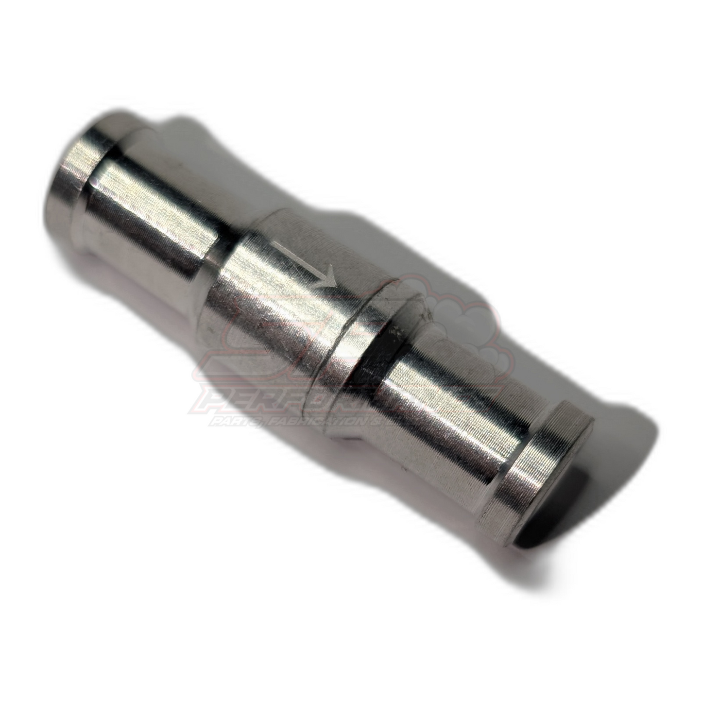 Angled side view of 12mm aluminium inline one way check valve showing polished anodised body with ribbed barb fittings at each end