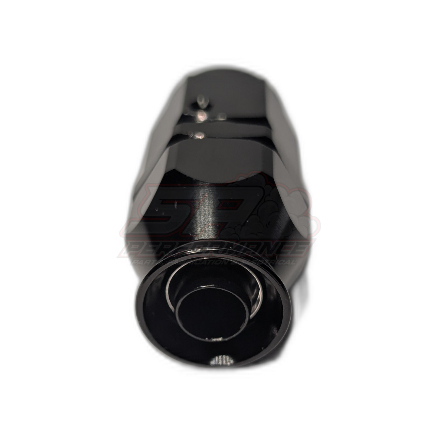 Black anodised aluminium AN10 straight hose end fitting front view showing hex body, threaded nose and internal olive insert for PTFE hose