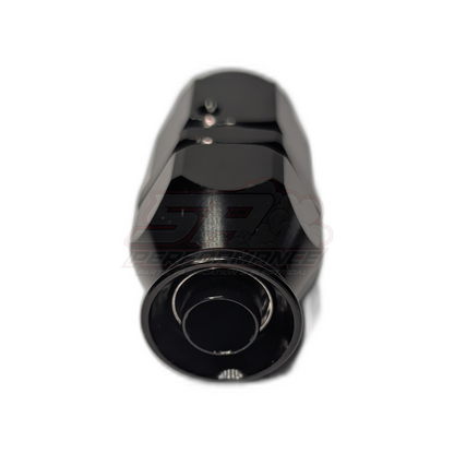 Black anodised aluminium AN10 straight hose end fitting front view showing hex body, threaded nose and internal olive insert for PTFE hose