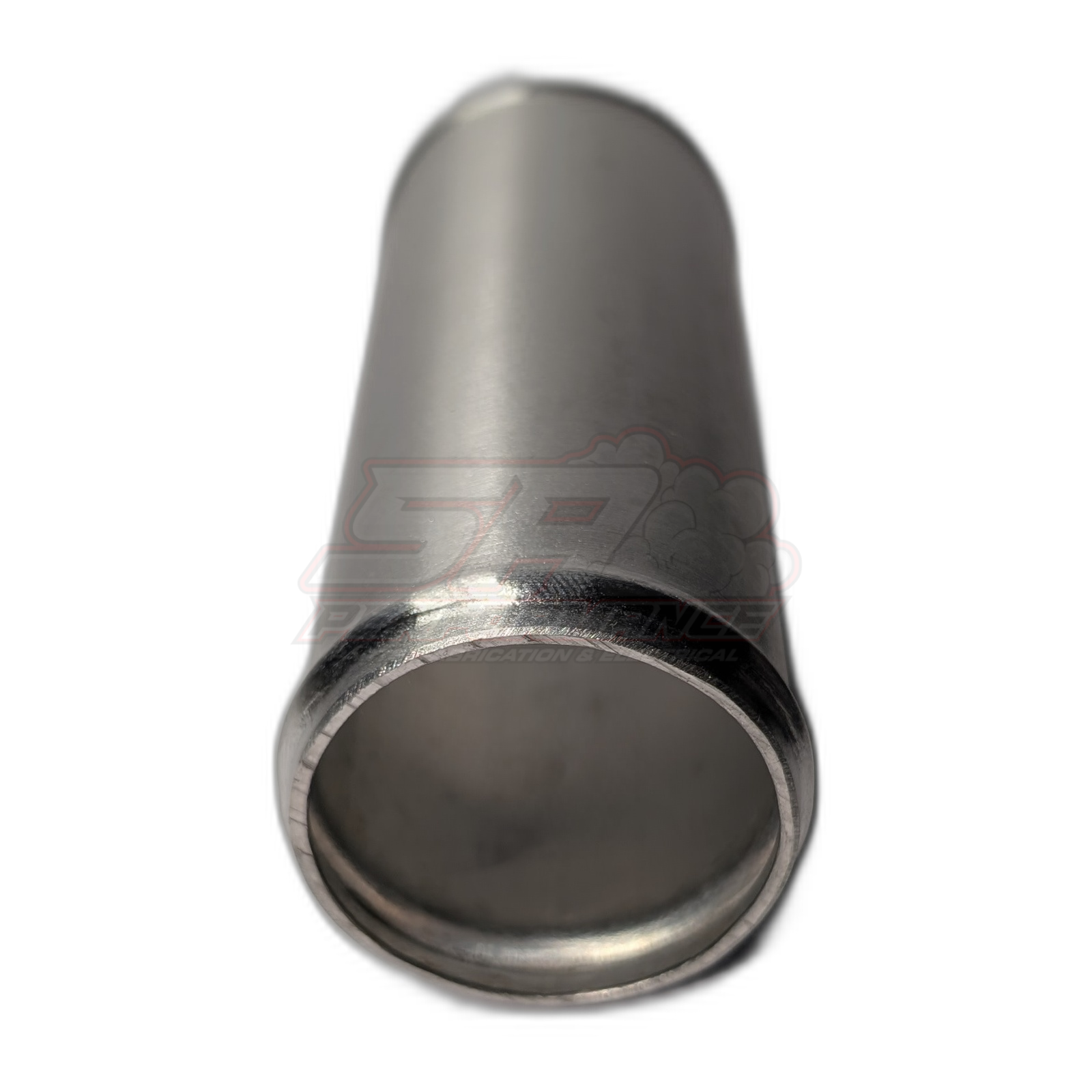 Angled view of 38mm aluminium straight hose joiner showing beaded end detail and polished silver finish