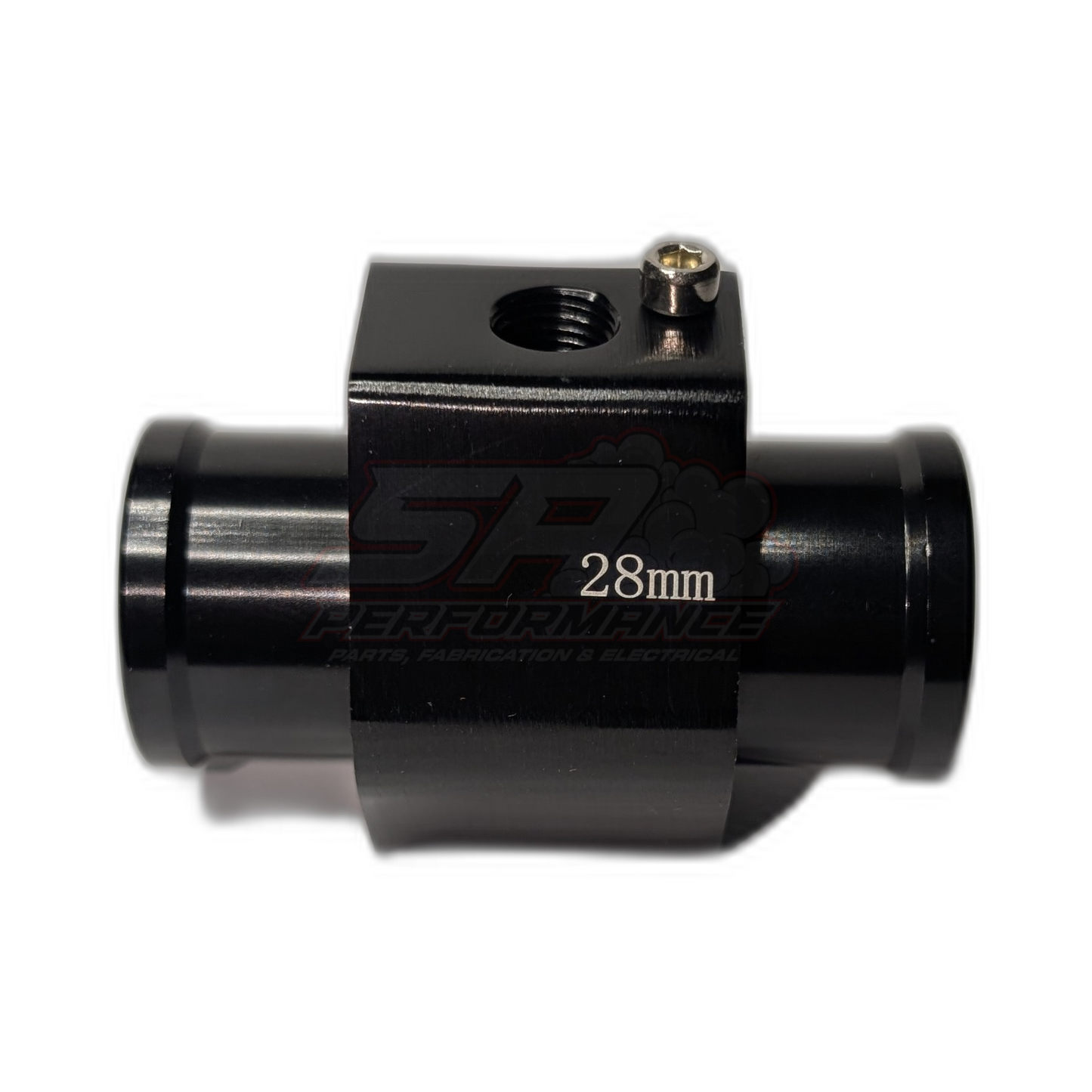 Black anodised aluminium 28mm coolant hose adapter with 1/8 NPT sensor port and brass hex nut, side view showing inlet and outlet hose connections