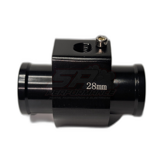 Black anodised aluminium 28mm coolant hose adapter with 1/8 NPT sensor port and brass hex nut, side view showing inlet and outlet hose connections