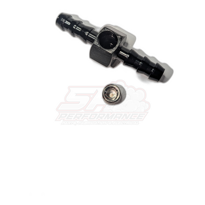 Inline 5/16 inch barb adapter with 1/8 NPT port shown disassembled with black barbed body, gunmetal tee block and included seal washer