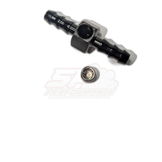 Inline 5/16 inch barb adapter with 1/8 NPT port shown disassembled with black barbed body, gunmetal tee block and included seal washer
