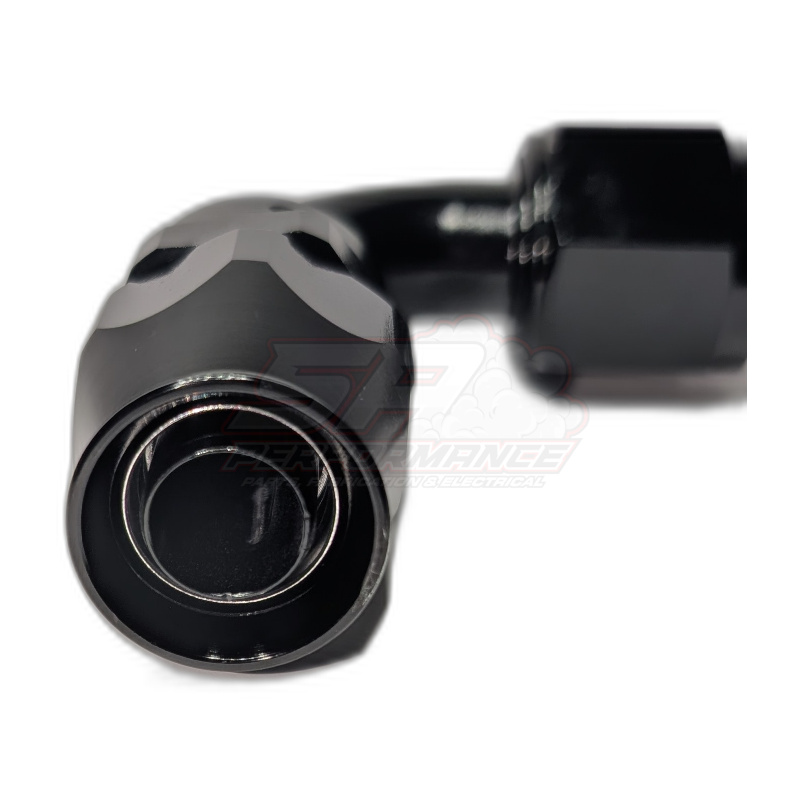 Black anodised aluminium AN10 90 degree PTFE hose end fitting front view showing hexagonal wrench flats and internal olive seal