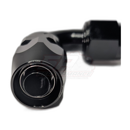 Black anodised aluminium AN10 90 degree PTFE hose end fitting front view showing hexagonal wrench flats and internal olive seal
