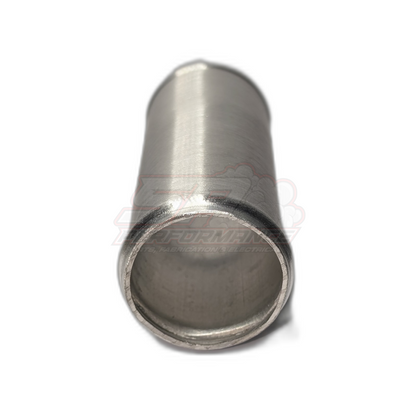 Angled view of 45mm polished aluminium straight hose joiner showing beaded end and internal bore diameter