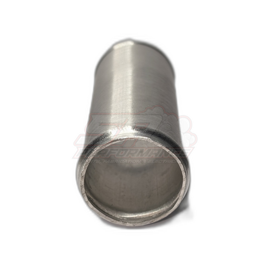 Angled view of 45mm polished aluminium straight hose joiner showing beaded end and internal bore diameter