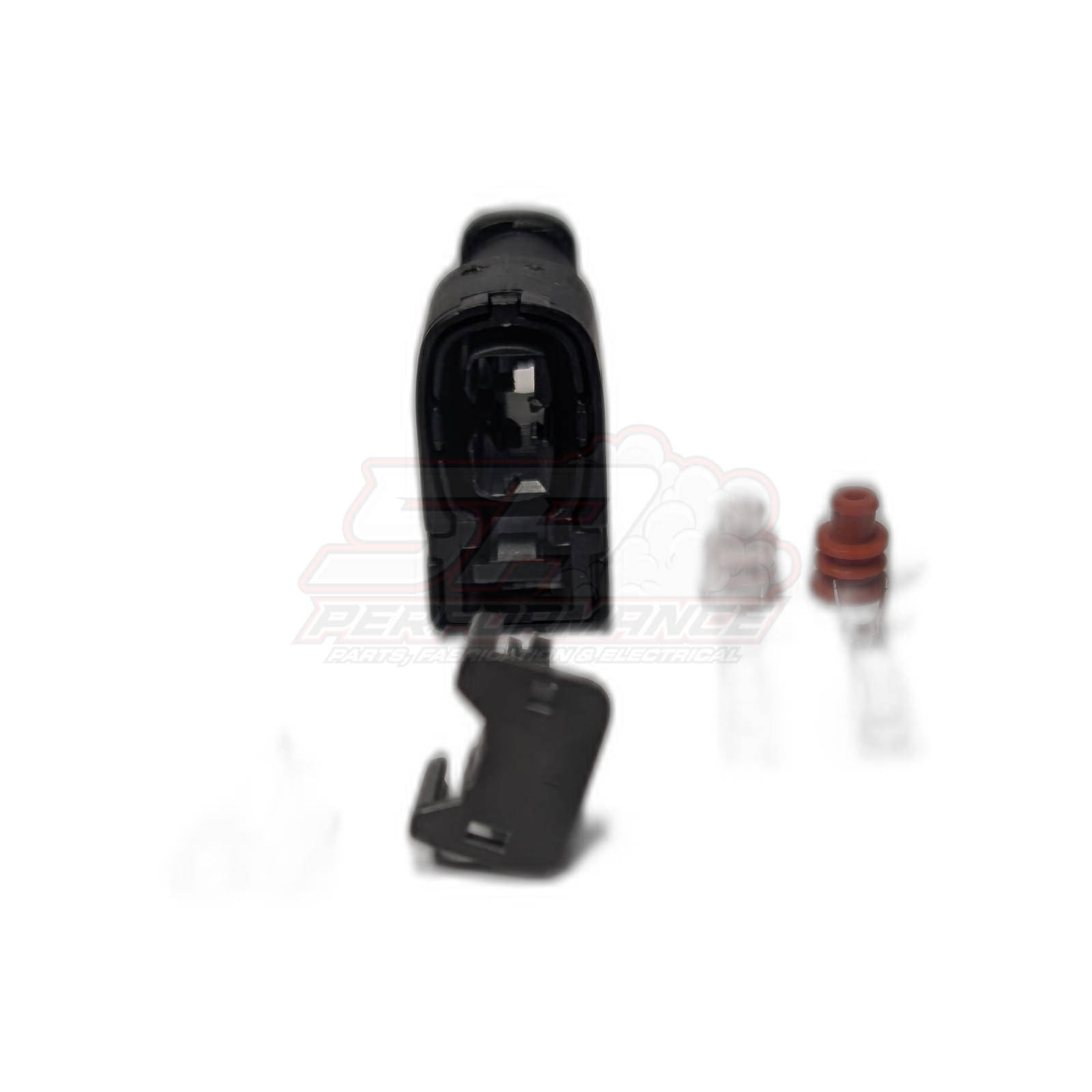 Toyota 2-pin Denso ignition coil connector exploded view showing black housing with internal contacts, detached black locking tab, clear terminal and red seal