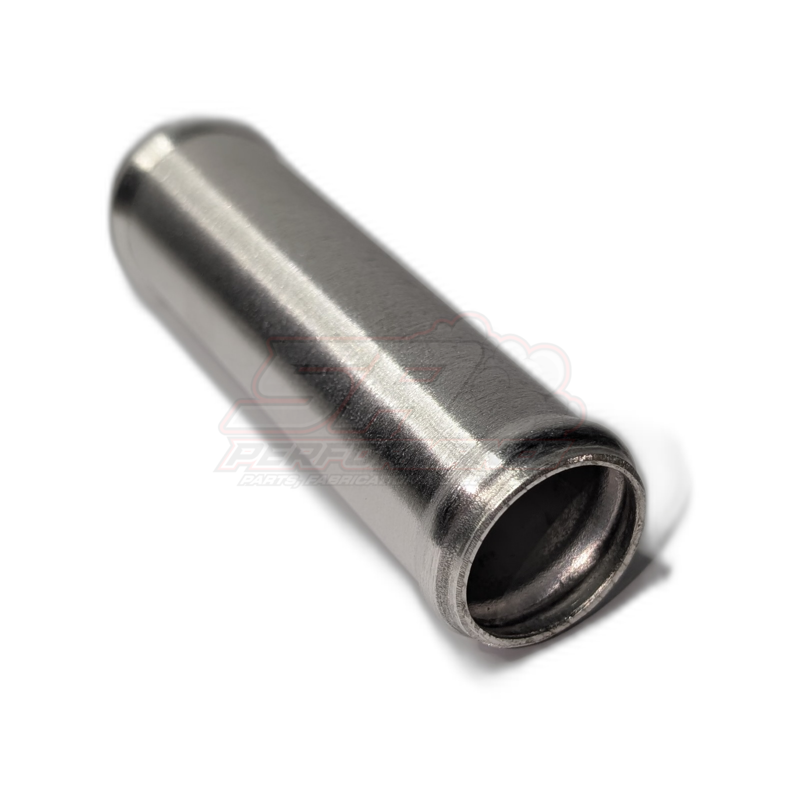 Polished aluminium 28mm straight hose joiner angled view showing beaded end and hollow bore