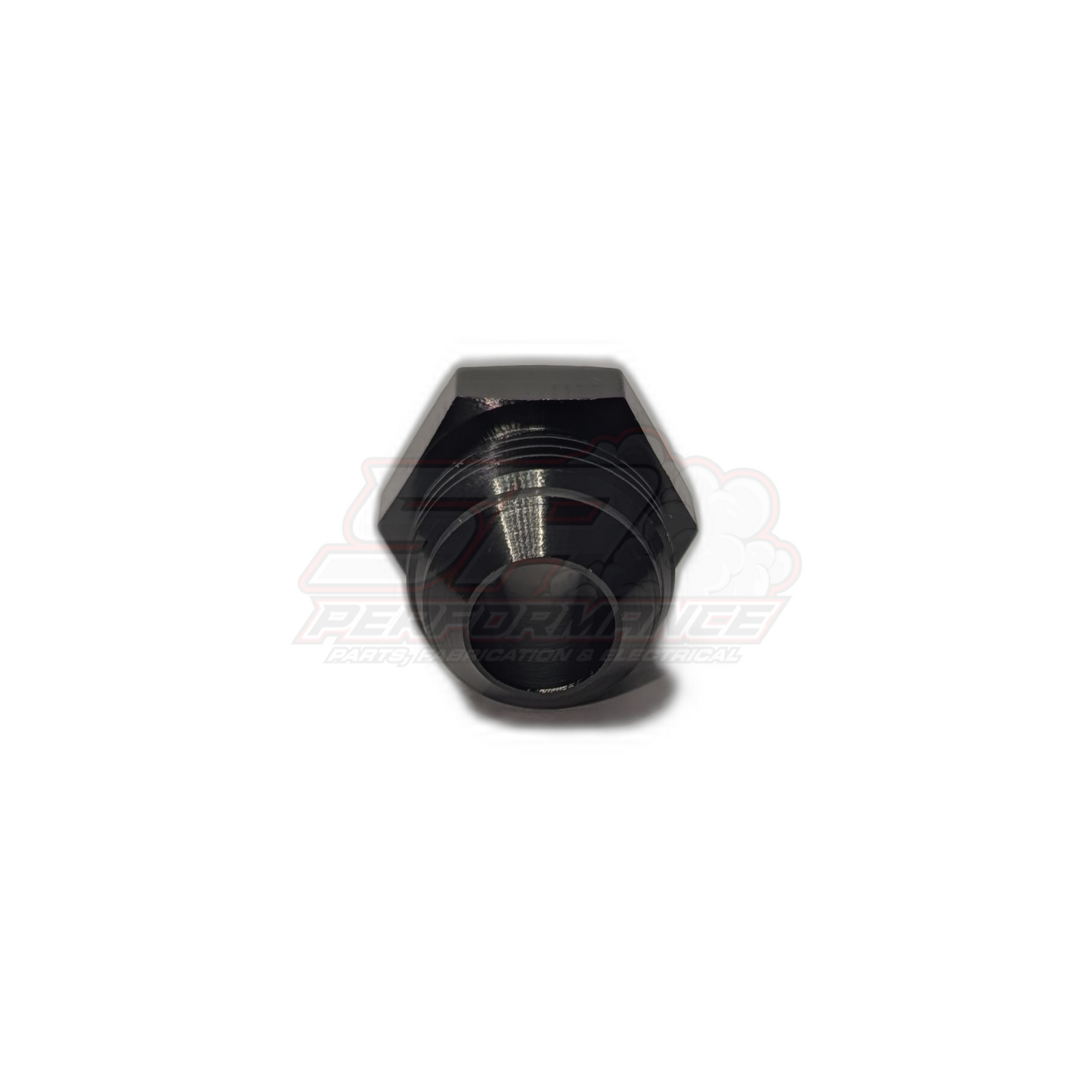 Black anodised M16 x 1.5 metric male to AN10 male flare adapter aluminium fitting front view showing hexagonal body and threaded connections